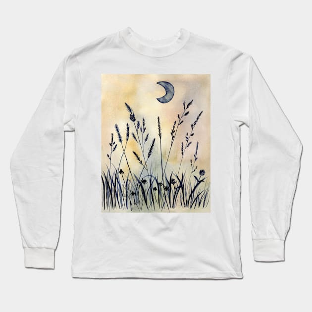 Wild Meadow under Moonlight Long Sleeve T-Shirt by Sandraartist